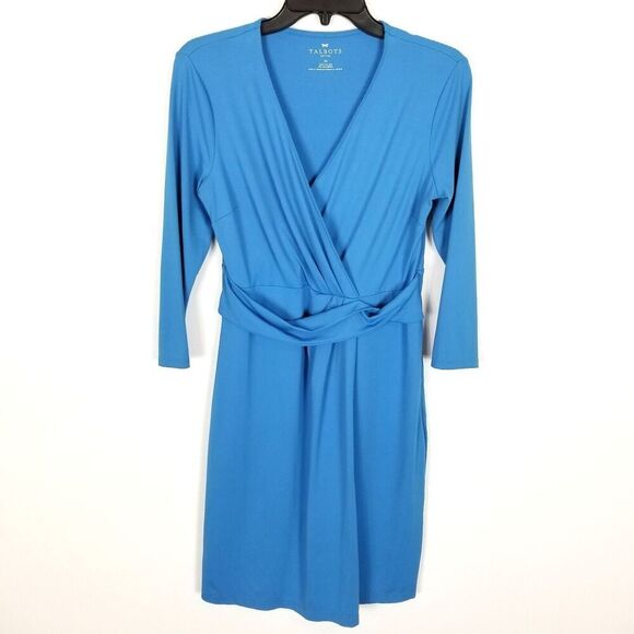 Talbots Women Blue Faux Wrap Dress Mini Dress Size S Petite 3/4 Sleeve - Picture 1 of 8